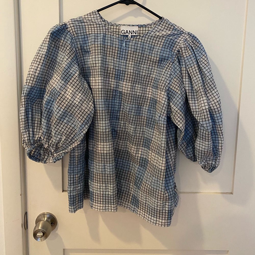 Ganni light blue geometric plaid blouse